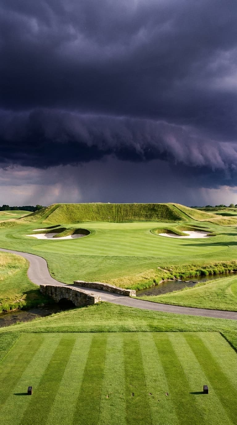 A short par 3 on an immaculate parkland course, played across a small stream to a green with a deep shadowed hollow running the full width behind it at the foot of a huge steep bank of rough grass, white raked bunkers cut into the mounding either side, the turf lit brilliantly by low sun while an enormous black shelf cloud fills the sky behind with rain falling in the distance