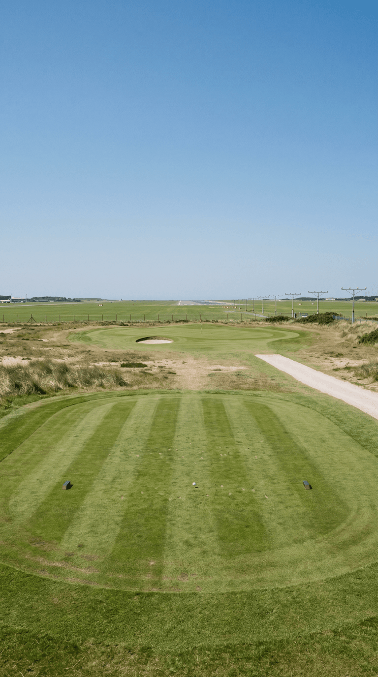 A short par 3 on flat links ground at the end of an airport, played from an immaculate striped tee across pale sandy rough to a plain green with one bunker and a red flag, with an airport boundary fence and a line of approach lights running away to the horizon beyond it