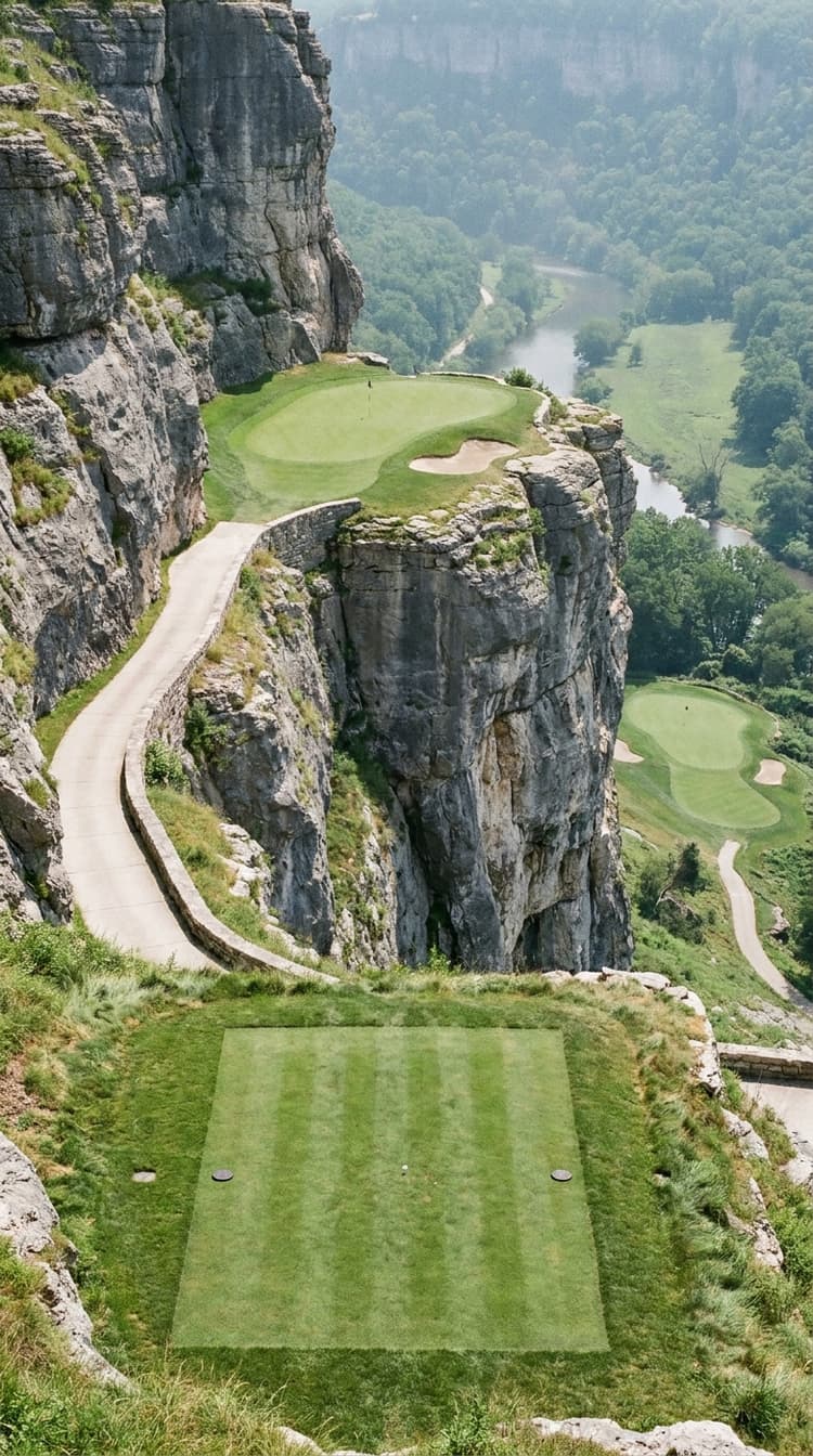 A short par 3 played from a striped tee to a green sitting on a natural shelf partway down a huge limestone cliff, the rock continuing up above it and falling away hundreds of feet below to a wooded valley and a river, a pale path traversing in to the green on a cut shelf with a low stone parapet