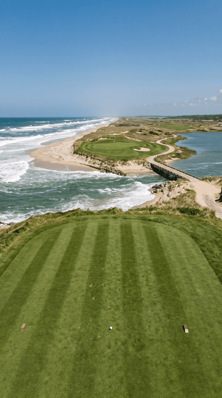 AI-imagined golf hole: a par 3 played along a narrow pale sand spit with open ocean on the left and a calm lagoon on the right, cut clean through part way along by a fast green channel pouring from the surf side into the lagoon, a timber footbridge on piles crossing it, and the green out on the far piece of the spit