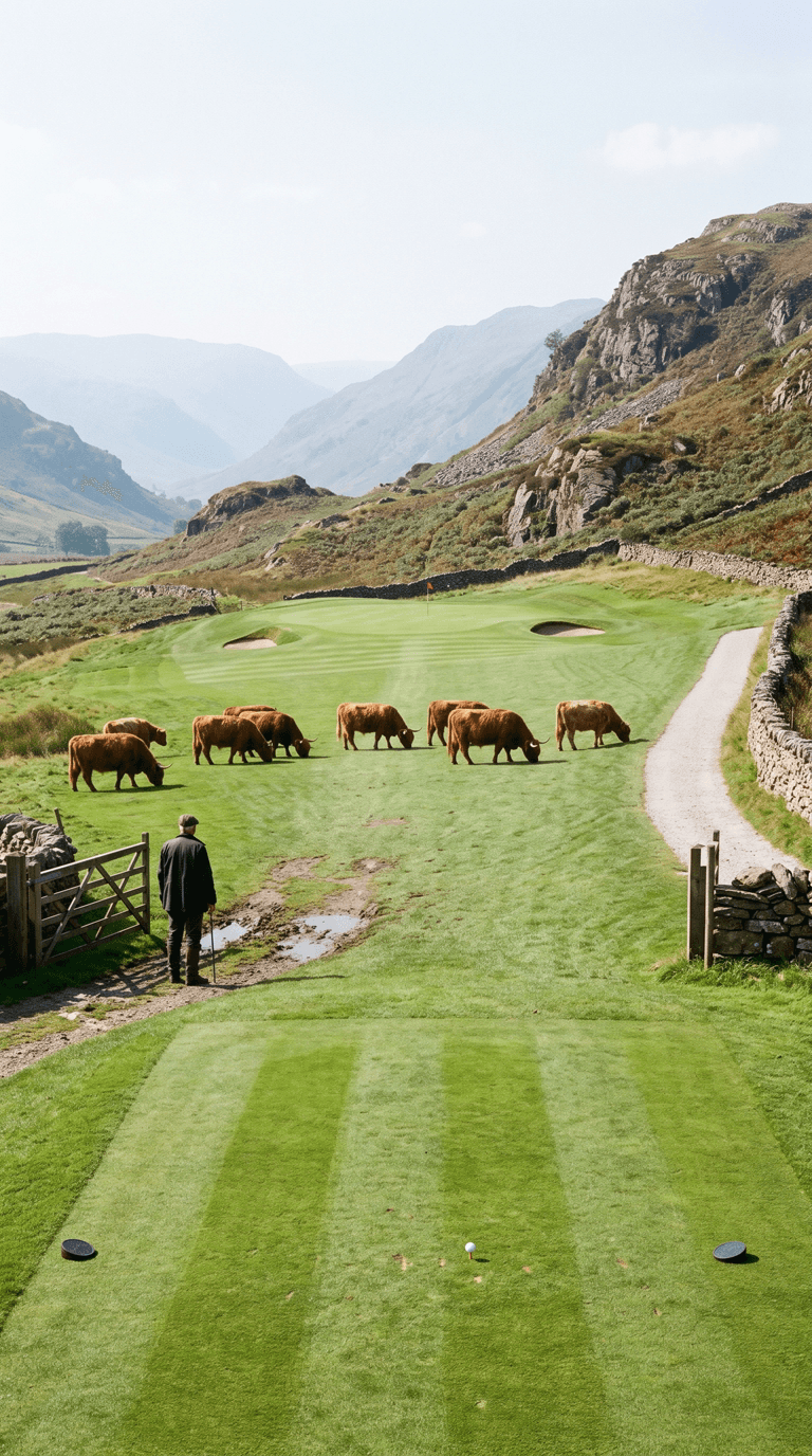 A short par 3 across a working hill farm in a Lakeland valley, from an immaculate striped tee to a green ringed by crags with a bunker either side, a herd of Highland cattle standing on the mown ground between them having come through an open field gate, a drover waiting by the gate, and a clean gravel cart path running up the right beside a dry stone wall