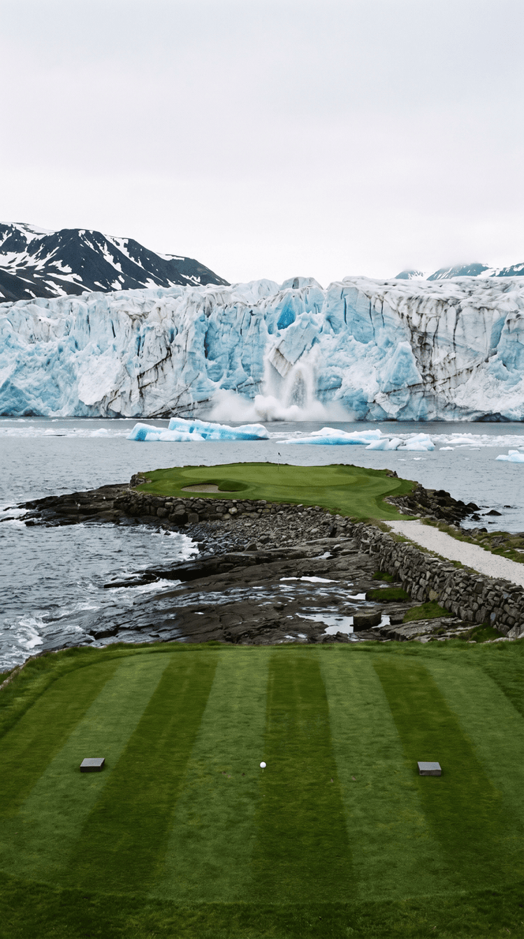 AI-imagined golf hole: a short par 3 played along a low shelf of dark wet bedrock beside a cold sea to a green at the end of it, with the two hundred foot front of a glacier standing across the water behind, a slab breaking off the ice face and falling, and floating white and blue ice blocks packed into the water in front of it
