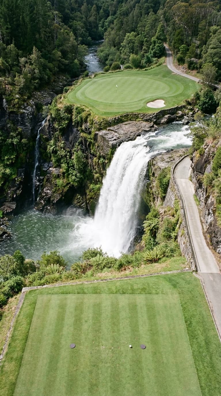 AI-imagined golf hole: a short par 3 played across a deep river gorge, a wide waterfall pouring over the lip between the tee and a green perched on the clifftop opposite, dense rainforest on both walls
