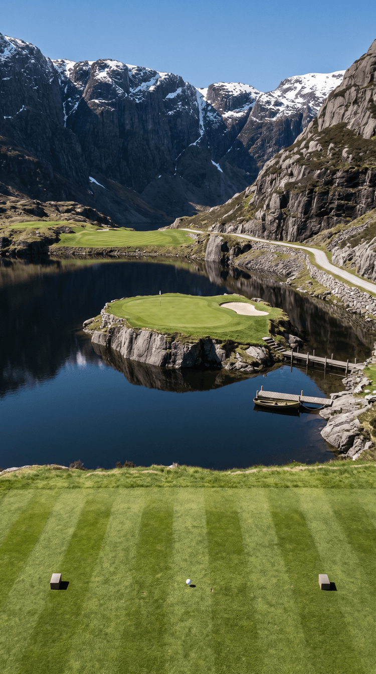 AI-imagined golf hole: a short par 3 played to a true island green on a small bare rock in a mountain lake so deep the water reads black, with no beach or shallows anywhere, two thousand foot vertical cliffs rising straight out of the water all round, and a timber jetty with a small moored rowing boat as the only way out to it