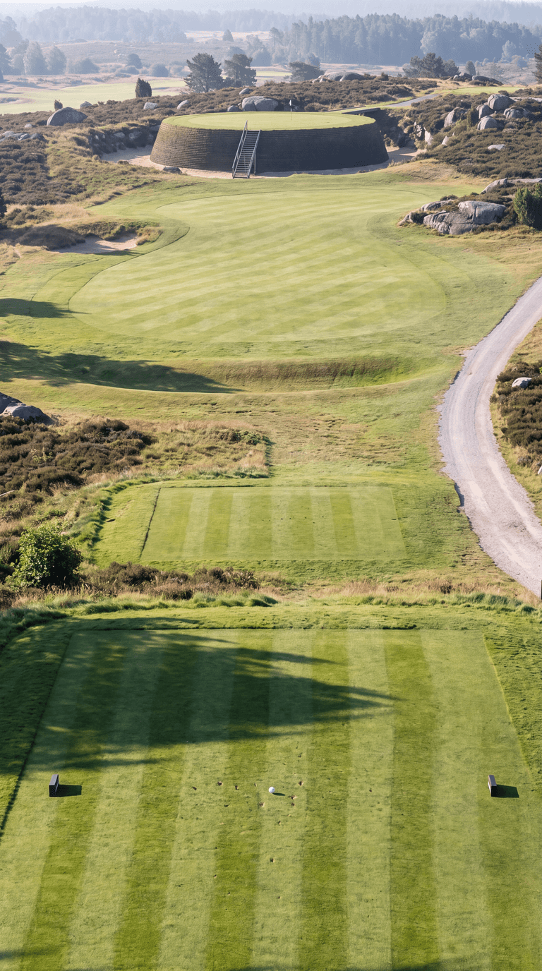AI-imagined golf hole: a long par 3 across rocky heather moorland to a green built on top of a tall circular drum of stacked turf sods, ringed all the way round by an unbroken bunker of pale sand, with a wooden staircase climbing the wall and a timber bridge at the back, granite boulders and scattered Scots pines beyond