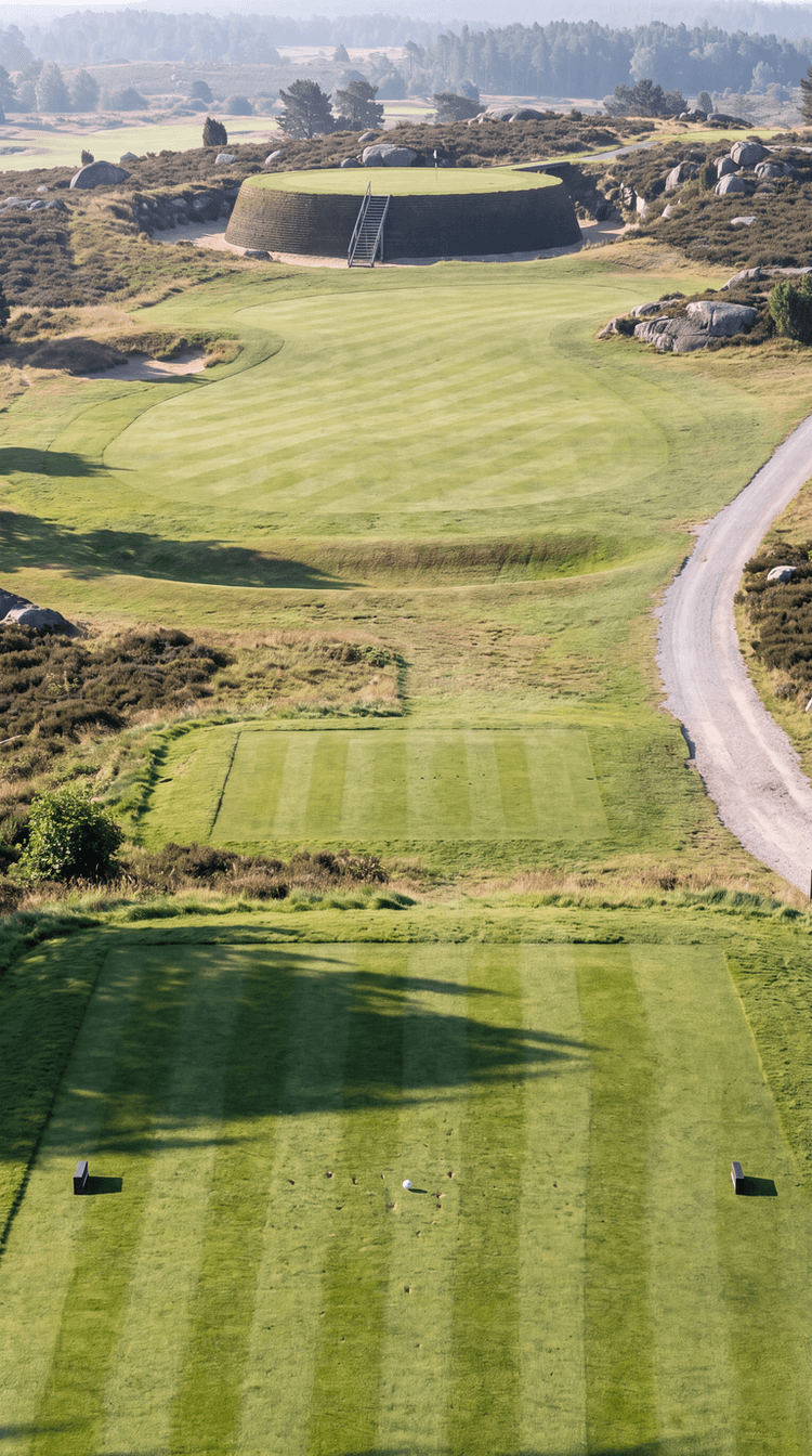 AI-imagined golf hole: a long par 3 across rocky heather moorland to a green built on top of a tall circular drum of stacked turf sods, ringed all the way round by an unbroken bunker of pale sand, with a wooden staircase climbing the wall and a timber bridge at the back, granite boulders and scattered Scots pines beyond