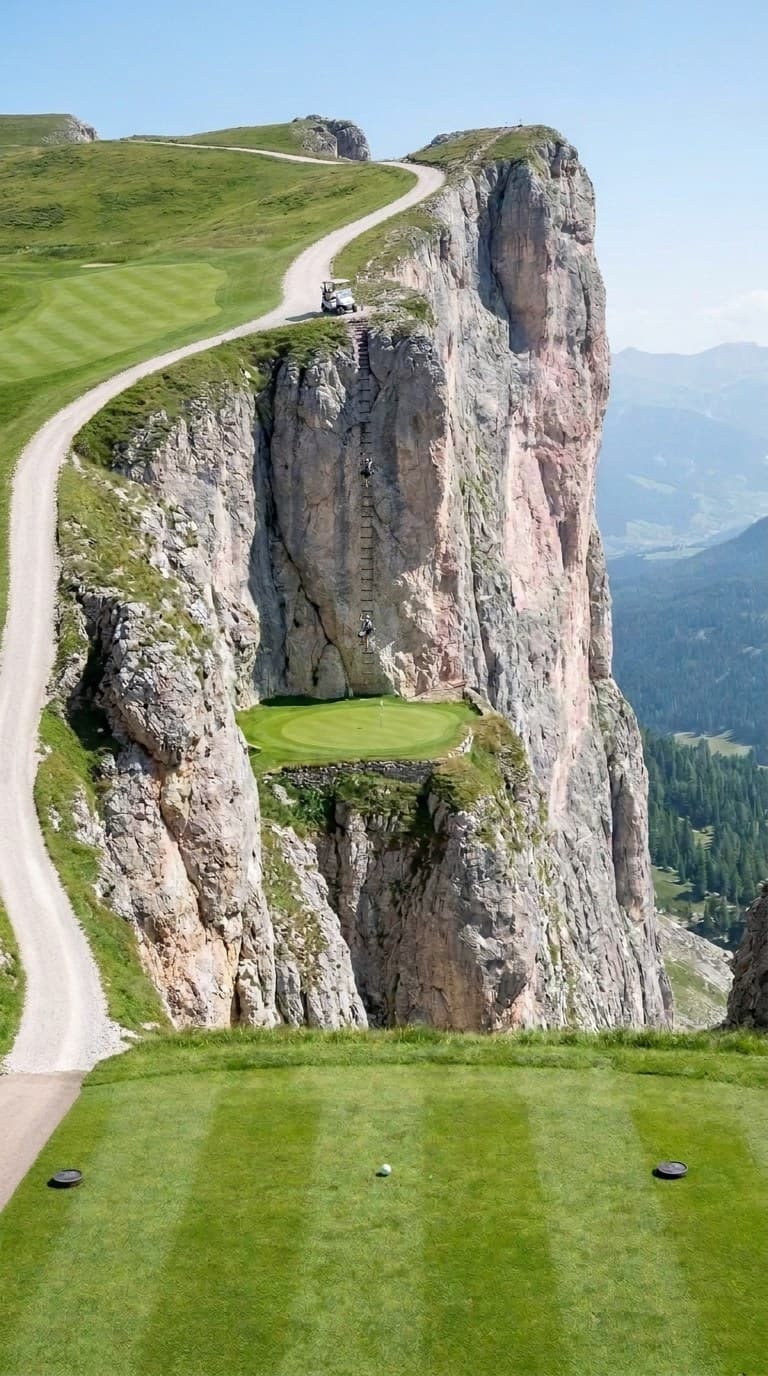 AI-imagined golf hole: a par 3 to a green on a shelf partway down a Dolomite cliff, reached by a ladder of iron rungs with two golfers climbing down