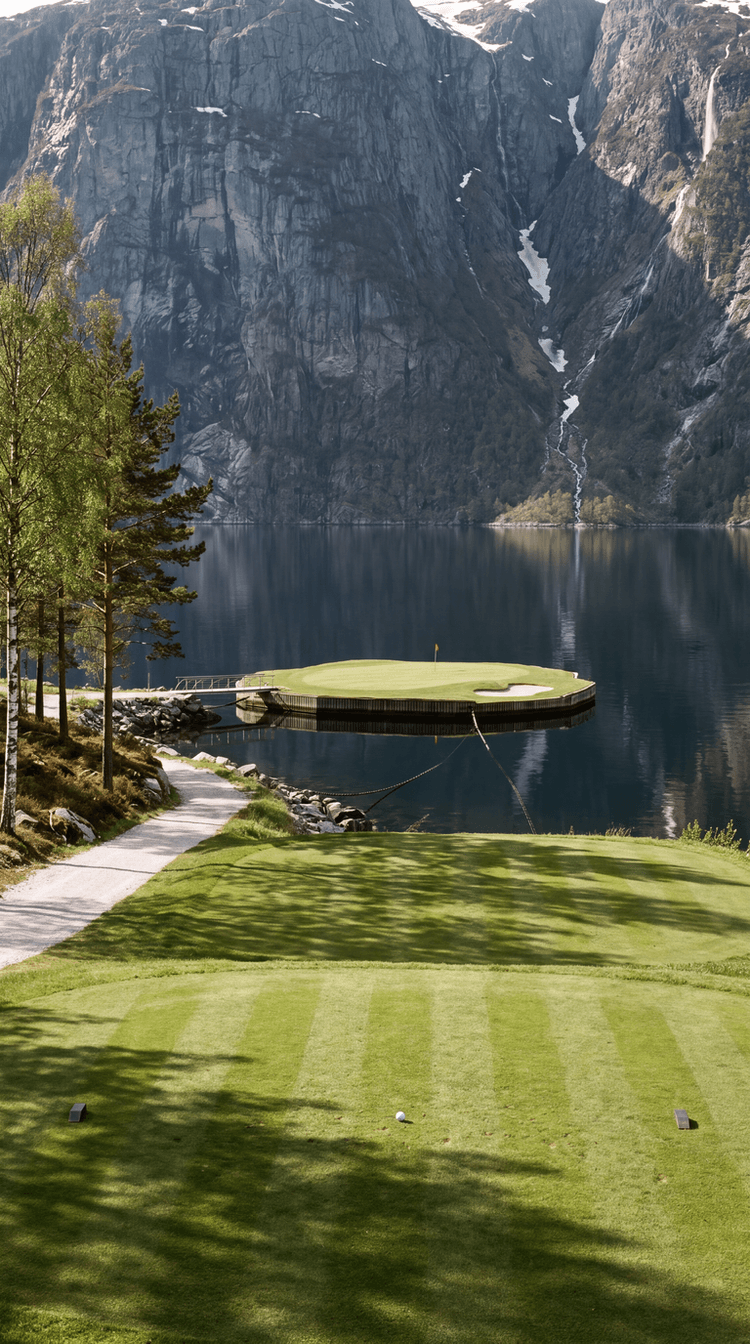 AI-imagined golf hole: a par 3 played from a striped tee on the shore of a Norwegian fjord across dead still black water to a floating green built on a timber pontoon, moored by chains and reached by a narrow jetty, with a sheer grey rock wall over a thousand metres high rising directly behind it, snow in the high gullies and thin waterfalls down its face