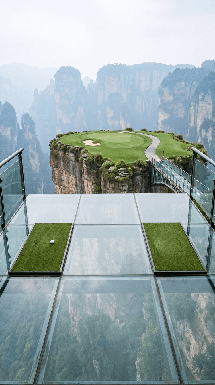 AI-imagined golf hole: a short par 3 played from a wide glass floored tee deck cantilevered off a sheer sandstone pillar, two small turf teeing patches on clear glass with the forested valley hundreds of metres below showing through it, to a green with one bunker and a red flag on the flat top of the neighbouring pillar, joined by a glass sided footbridge