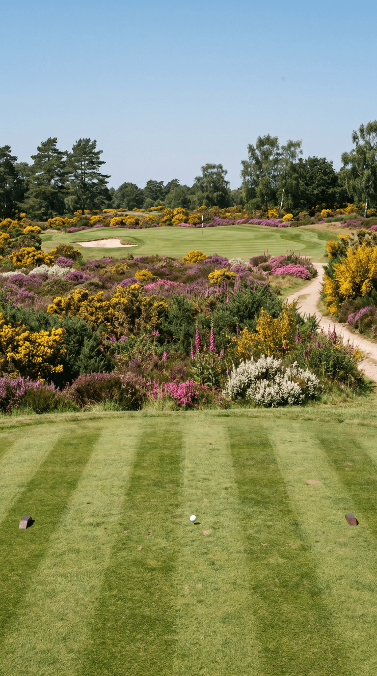 AI-imagined golf hole: a short par 3 played from a striped heathland tee straight over a deep bank of flowering gorse, heather and foxgloves in yellow, purple, pink and white to a green set into the heath beyond, one pale bunker short left of the putting surface, a sandy cart path curling up the right hand side and pines and silver birch along the horizon