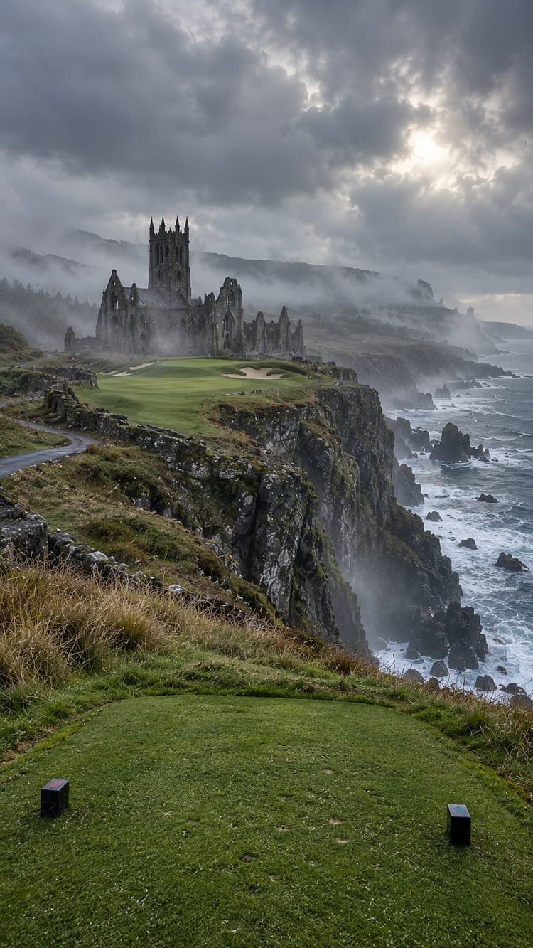 AI-imagined golf hole: a par 3 along a misty sea clifftop to a green on the headland in front of a ruined abbey, with the cliff and breaking sea down the right