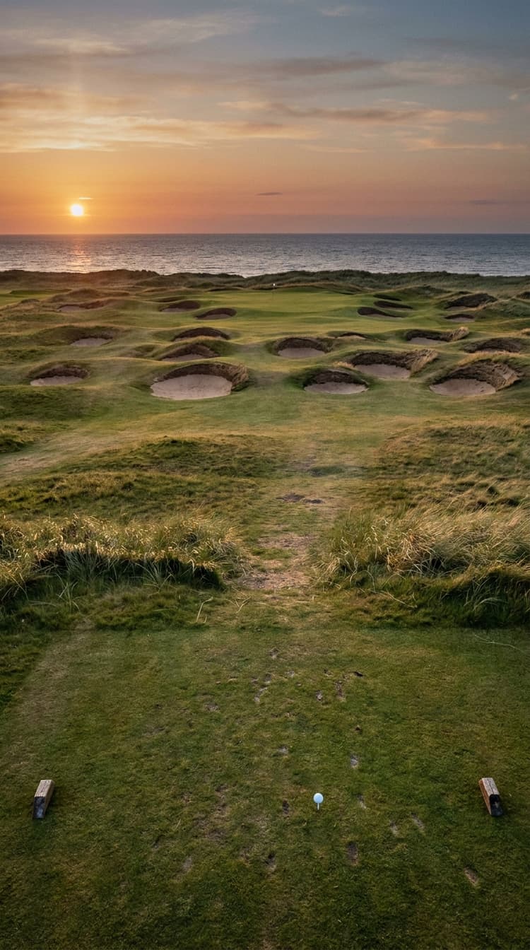 AI-imagined golf hole: a coastal links par 3 at sunset, its small green ringed by more than twenty deep pot bunkers above the sea