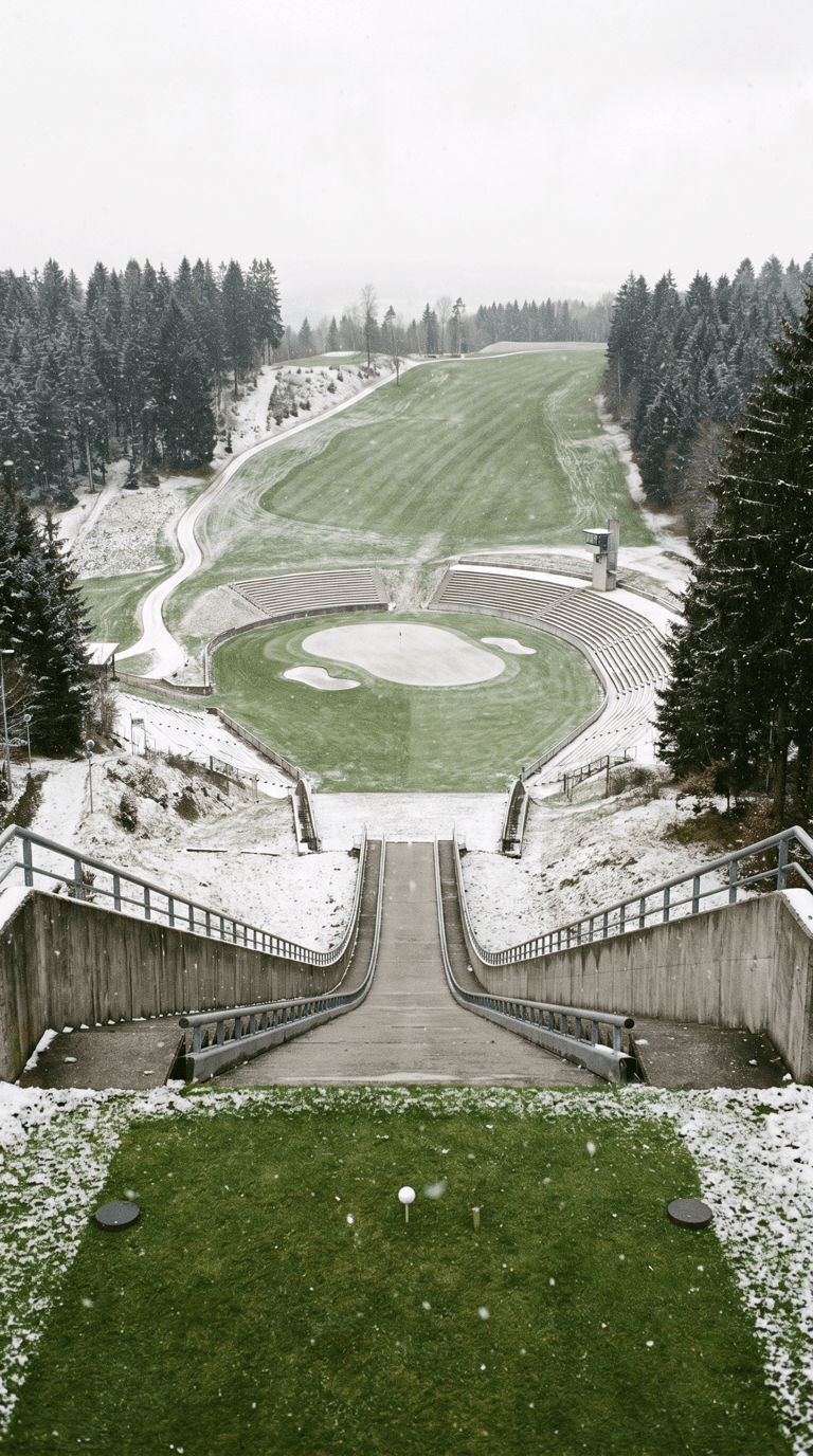 A par 3 played from a mown tee on the start gate at the top of a ski jump tower, straight down the line of the concrete inrun ramp with its steel guide rails, to a green with two bunkers on the flat outrun far below, ringed by empty tiered spectator terraces, with the first snow of the year settling over the landing hill and dark conifer forest on both sides