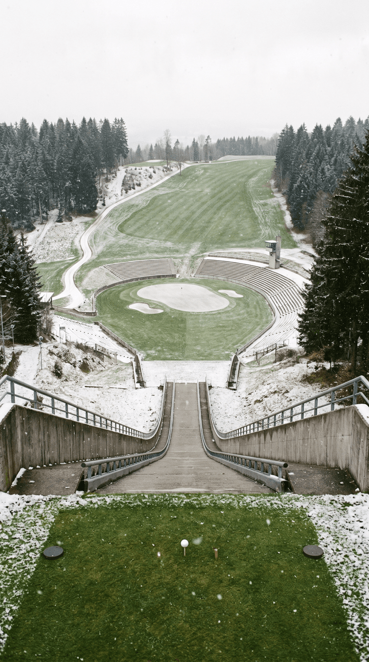 A par 3 played from a mown tee on the start gate at the top of a ski jump tower, straight down the line of the concrete inrun ramp with its steel guide rails, to a green with two bunkers on the flat outrun far below, ringed by empty tiered spectator terraces, with the first snow of the year settling over the landing hill and dark conifer forest on both sides
