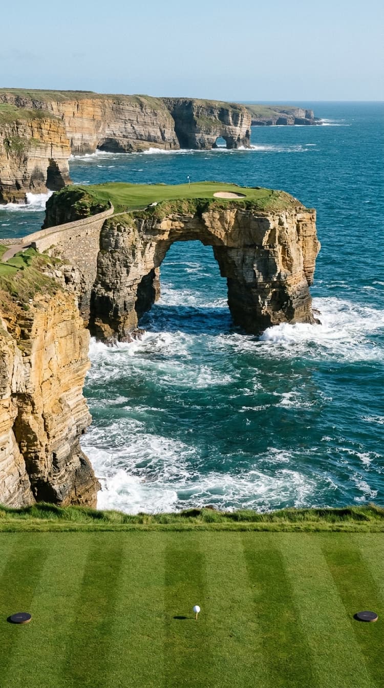 A par 3 played from a clifftop tee across open sea to a green on the flat top of an enormous natural rock arch, the sea and horizon visible straight through the opening beneath the green, heavy white surf breaking around the legs of the arch and a narrow stone causeway running out from the near cliff as the only way on