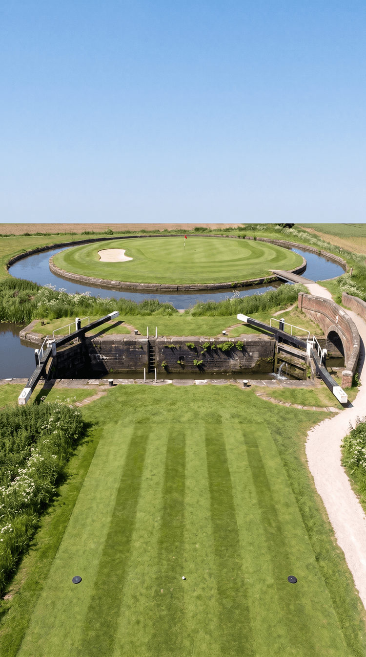 AI-imagined golf hole: a short par 3 in English canal country played from an immaculate striped tee straight across a working Victorian lock that lies broadside to the line of play, its long narrow stone chamber and black and white timber gates holding water at two levels, to an island green ringed by an unbroken moat of stone edged water with one bunker and a red flag, a timber footbridge at the back and a brick canal bridge carrying the cart path away to the right