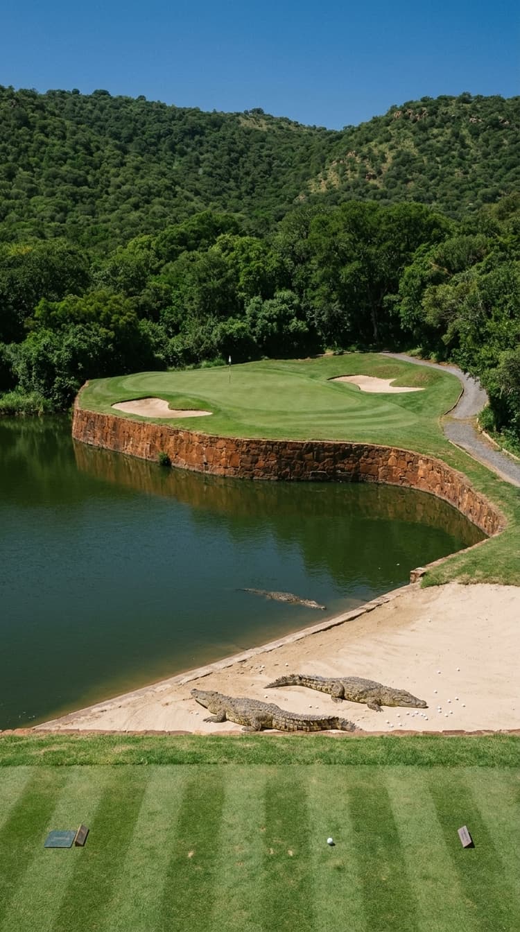 AI-imagined golf hole: a short par 3 played from a rock shelf across a sunken pool to a green raised on a terraced stone wall, with crocodiles basking on the sand bank below and lost golf balls scattered around them
