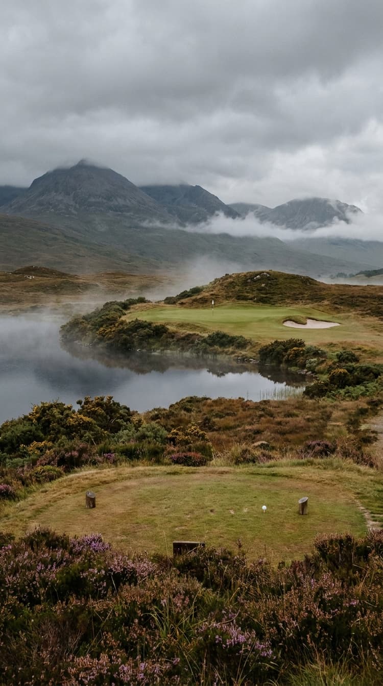 AI-imagined golf hole: a short par 3 across a mirror-still Irish lough with mist and mountains behind