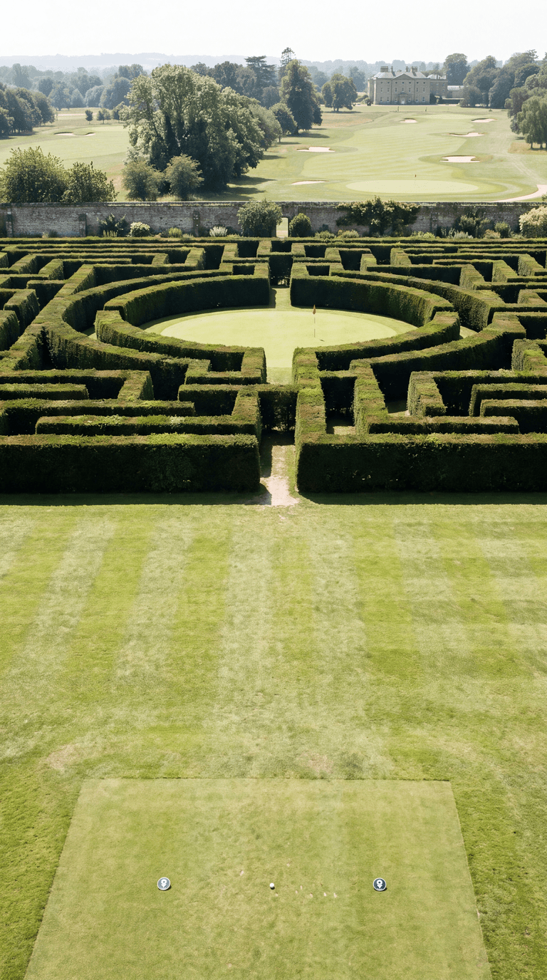 AI-imagined golf hole: a short par 3 played from a striped tee across open mown fairway to a large circular green ringed by a clipped yew hedge, set at the centre of an enormous formal hedge maze inside an old walled garden, with a single narrow gap in the near hedge, a worn walking line in the grass leading to it, and a Georgian country house and the fairways of other holes beyond the wall