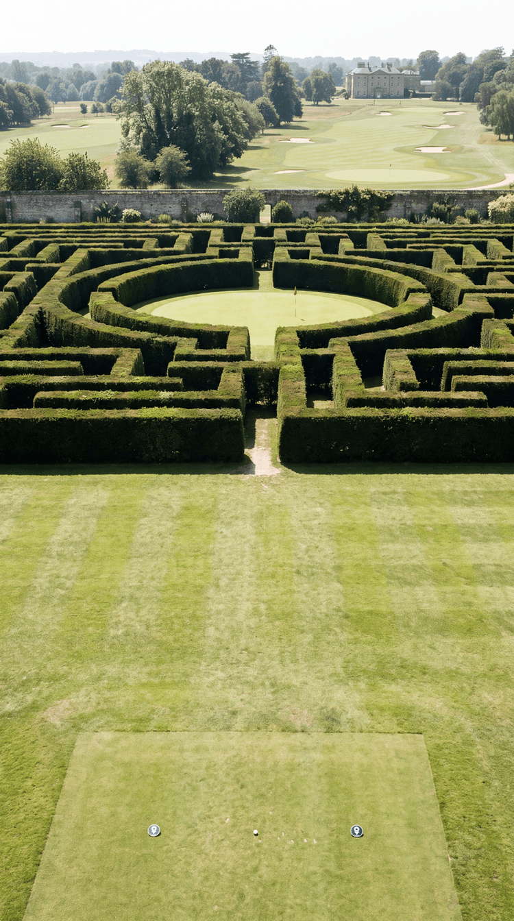 AI-imagined golf hole: a short par 3 played from a striped tee across open mown fairway to a large circular green ringed by a clipped yew hedge, set at the centre of an enormous formal hedge maze inside an old walled garden, with a single narrow gap in the near hedge, a worn walking line in the grass leading to it, and a Georgian country house and the fairways of other holes beyond the wall