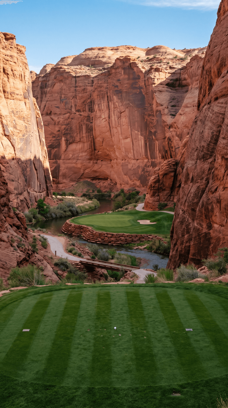 AI-imagined golf hole: a par 3 played from a high striped tee across a winding desert river to a green built out on a shelf of stacked red sandstone, the water wrapping around the front and left of the putting surface, one pale bunker right, a timber footbridge and a gravel path leading in, and banded red canyon walls rising a thousand feet on both sides