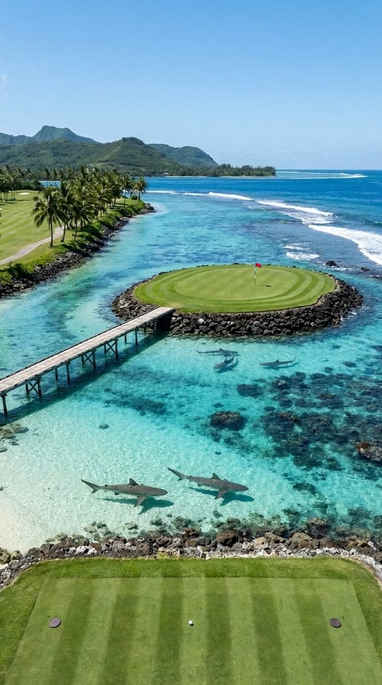 AI-imagined golf hole: a par 3 from a coral rock tee over a clear tropical channel with four reef sharks to an island green reached by a boardwalk