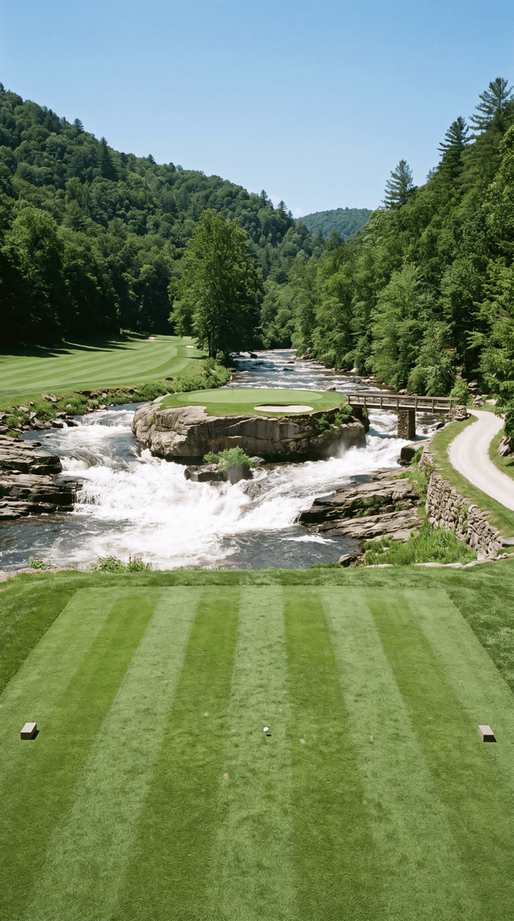 AI-imagined golf hole: a short par 3 to a green on top of an enormous flat topped boulder splitting a mountain river in full flood, heavy white water driving past both sides of it in two chutes, a timber footbridge on stone piers crossing from the right bank, and steep forested valley sides rising on both sides