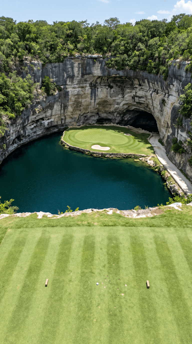 AI-imagined golf hole: a par 3 played from a striped tee on the rim of an enormous limestone pit straight down into it, the near half of the pit floor filled wall to wall with deep blue green water, the green sitting on a low rock shelf on the far side with two pale bunkers, a dark cave mouth at the foot of the right hand wall with a gravel cart path running out of it, and dense jungle crowding the rim above