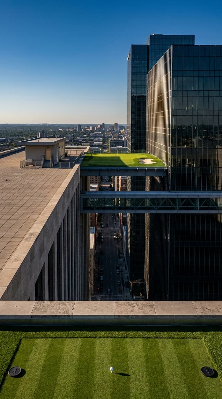A short par 3 played from a mown tee on the roof of one skyscraper, across a deep city street canyon, to a small green with a bunker sitting on a deck jutting from the tower opposite, two glass and steel skybridges spanning the gap below it and the street falling away hundreds of feet beneath