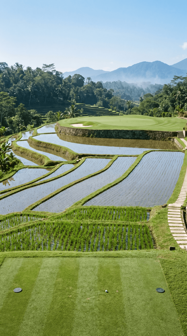 AI-imagined golf hole: a short par 3 played uphill across stacked rice paddy terraces of still mirrored water to a circular green on the highest tier, held up by a stone retaining wall, with one pale bunker at its front, a stepped stone path climbing the terrace ends and jungle ridges and blue mountains in the haze beyond