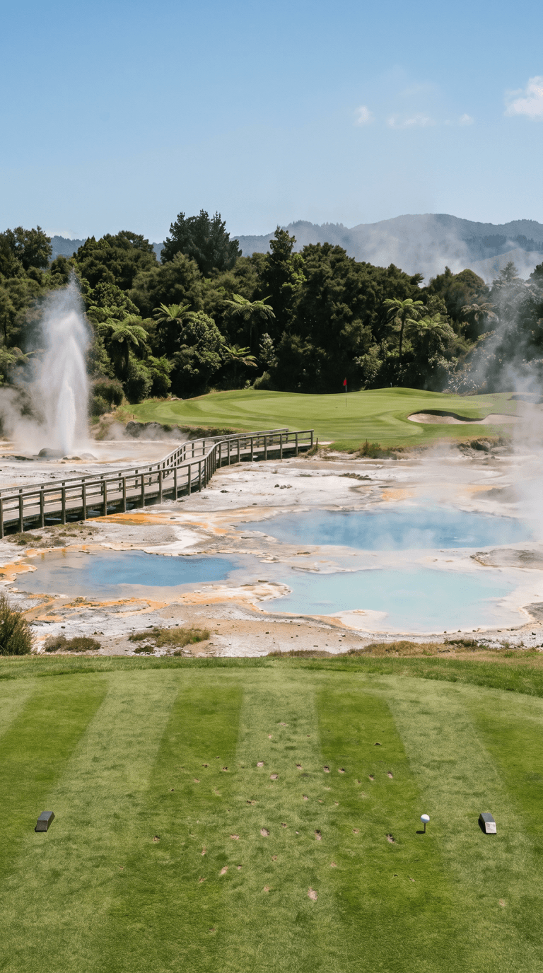 A short par 3 played from an immaculate striped tee straight across an active geothermal basin, boiling pools of electric blue and milky turquoise rimmed in orange and sulphur mineral crust with steam rising off them, a geyser playing away to the left, a raised timber boardwalk crossing to a green with one bunker and a red flag on firm ground beyond, and dark native bush and tree ferns behind