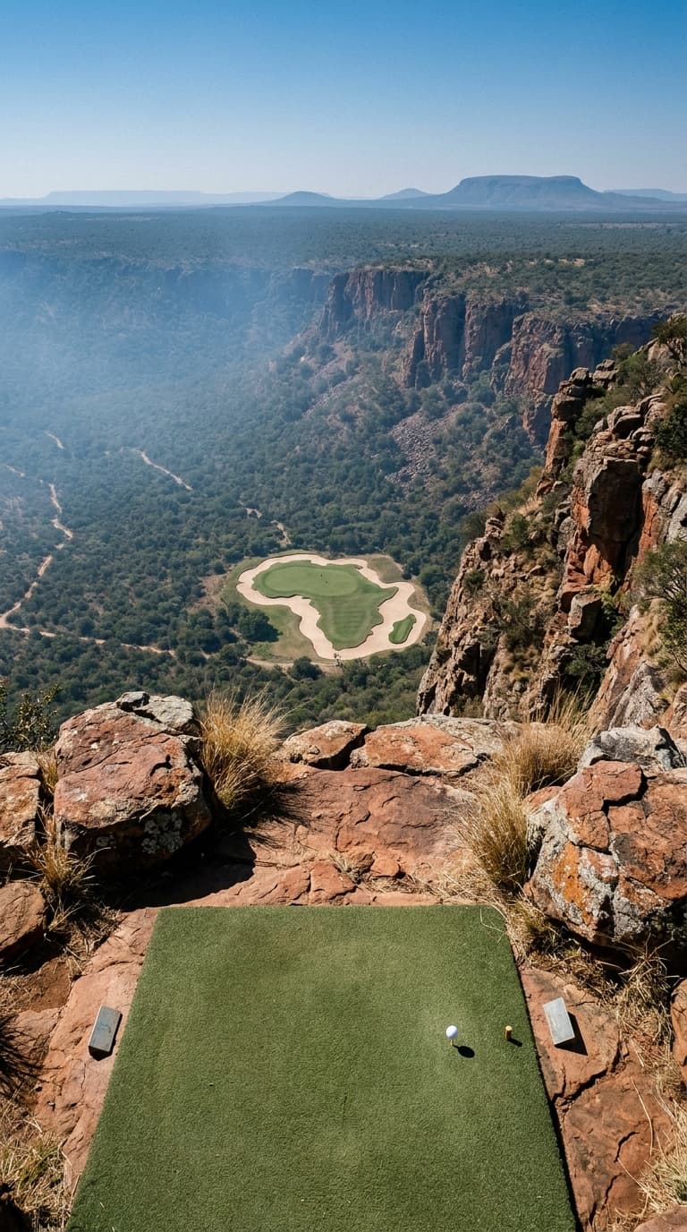 AI-imagined golf hole: a clifftop par 3 in the African bushveld, the tee a slab of turf on bare red rock four hundred metres above a green cut in the shape of Africa and ringed by sand