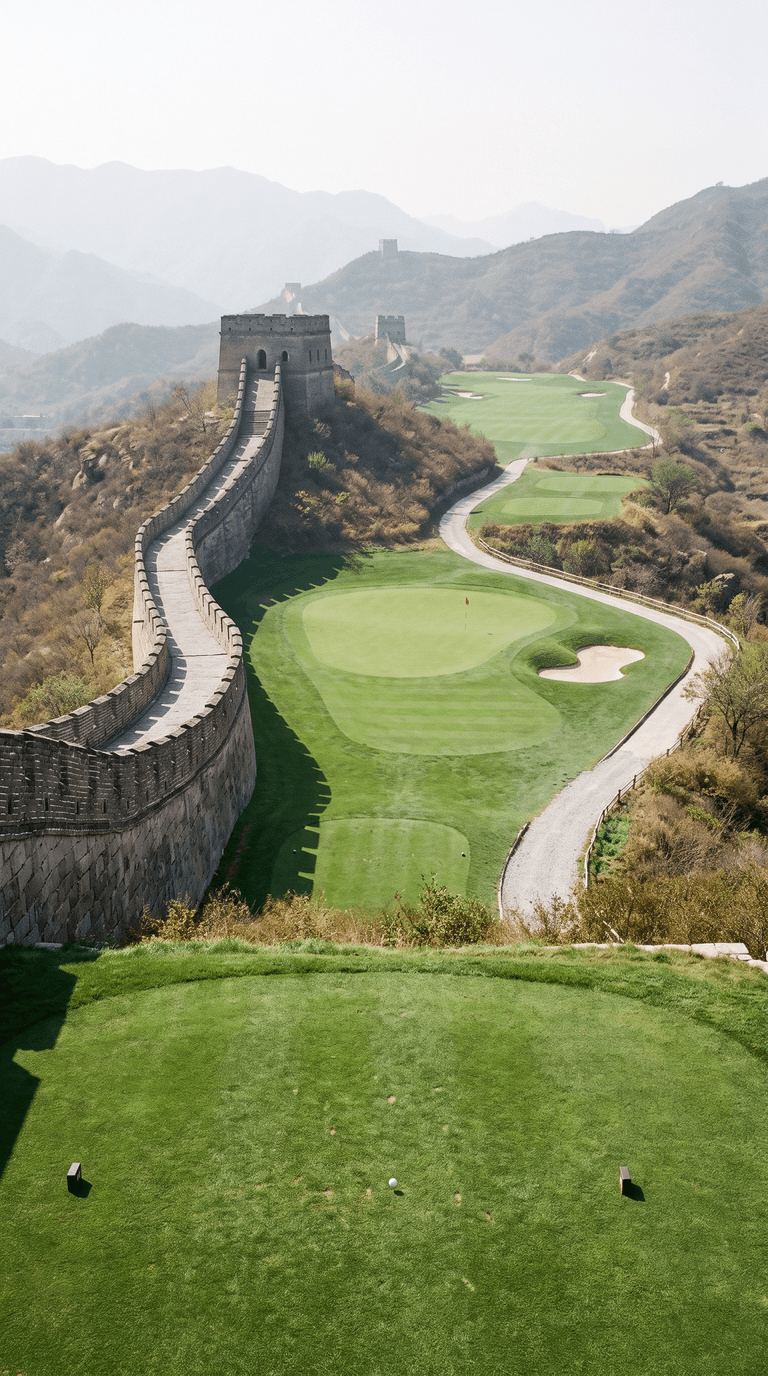 AI-imagined golf hole: a short par 3 dropping downhill from a high tee, an ancient stone frontier wall with battlements and a square watchtower running tight along the whole left side of the hole and past the green, with more fairways and greens following the same ridge into the haze beyond