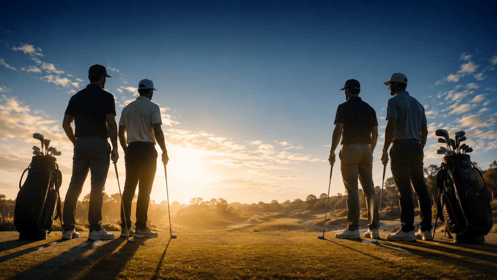 Two pairs of golfers facing off on the tee at sunrise
