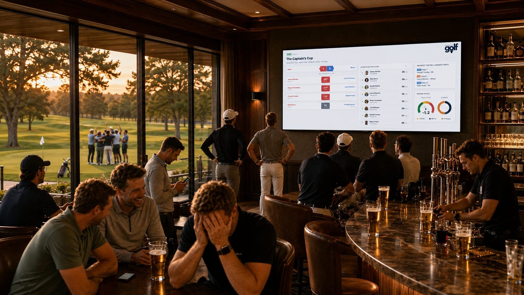 Golfers in the clubhouse bar watching a live tournament leaderboard on the big screen