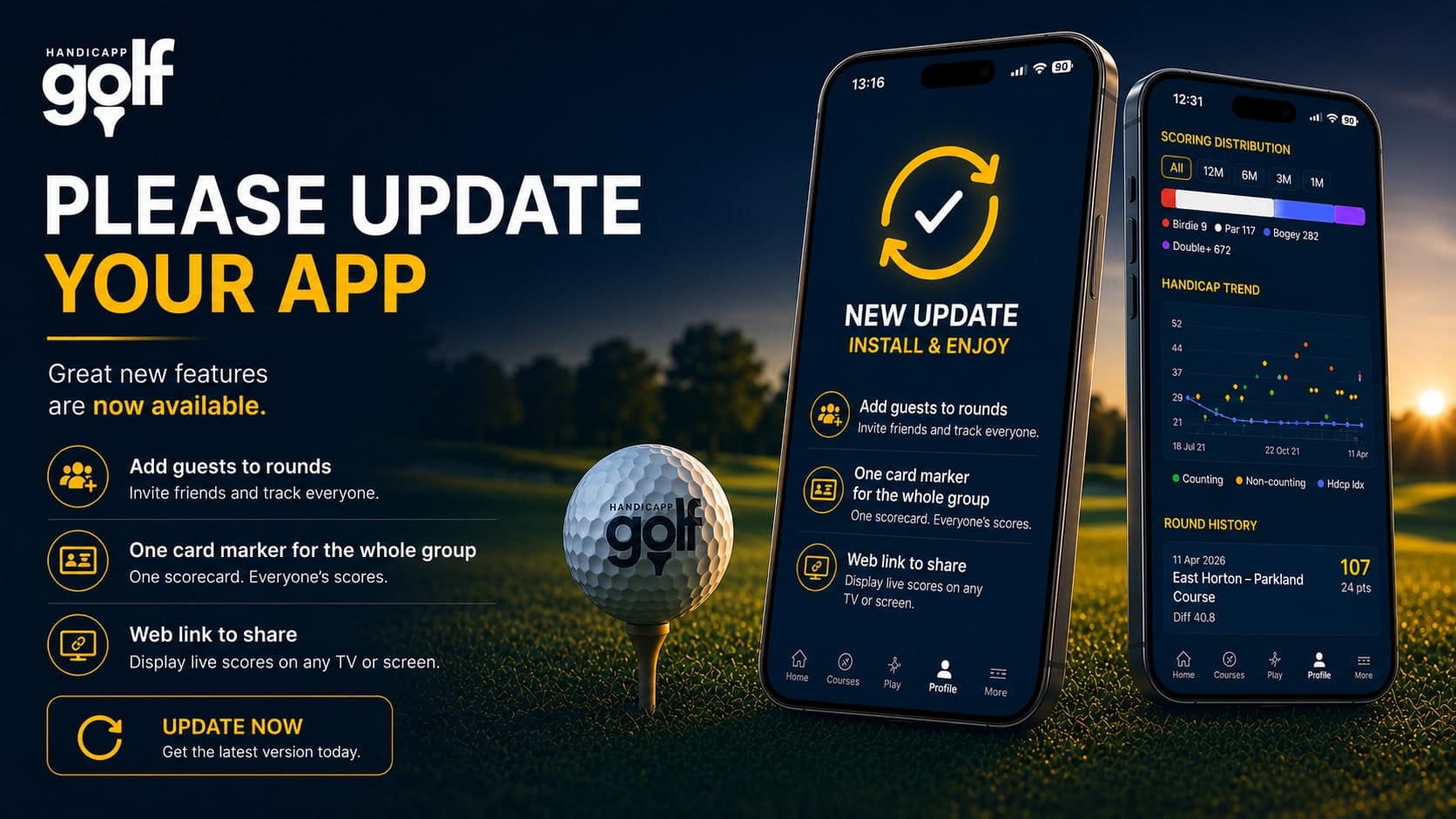 Please update your app. New features now available: add guests to rounds, one card marker for the whole group, and a web link to share live scores on any screen.